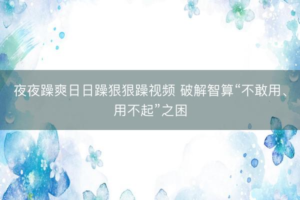 夜夜躁爽日日躁狠狠躁视频 破解智算“不敢用、用不起”之困